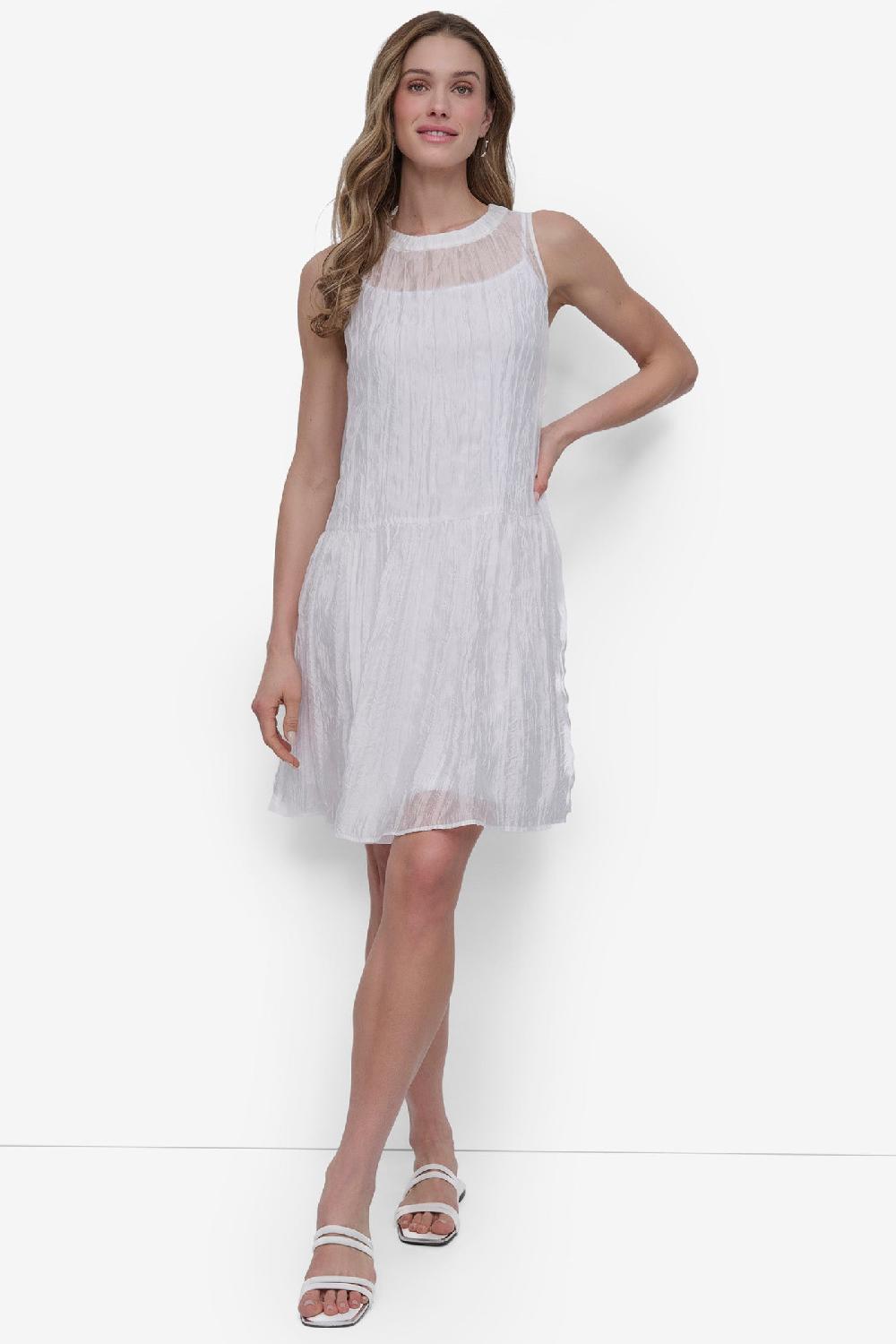 dkny LAYERED DROP WAIST TRAPEZE DRESS BRIGHT WHITE