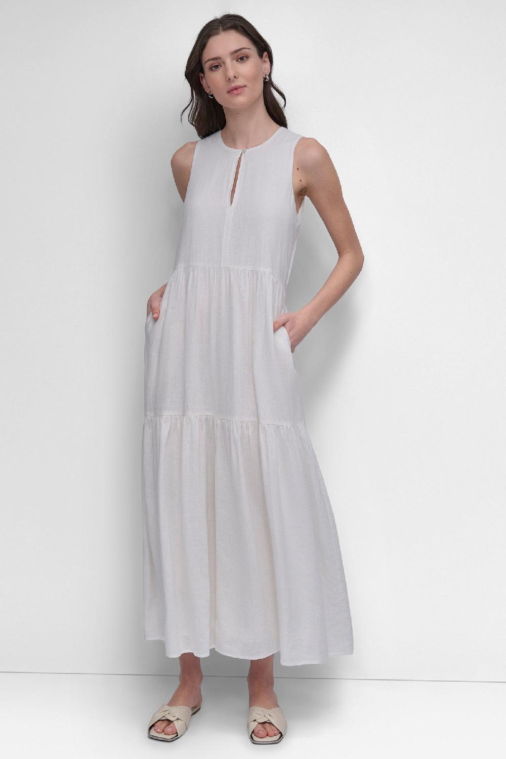 dkny LINEN SLEEVELESS TIERED MAXI IVORY