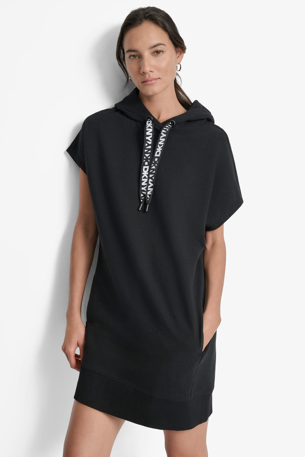 Dkny LOGO DRAWSTRING MINI HOODIE DRESS Black