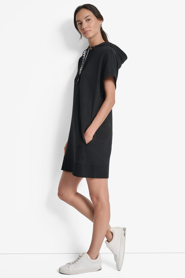 Dkny LOGO DRAWSTRING MINI HOODIE DRESS Black