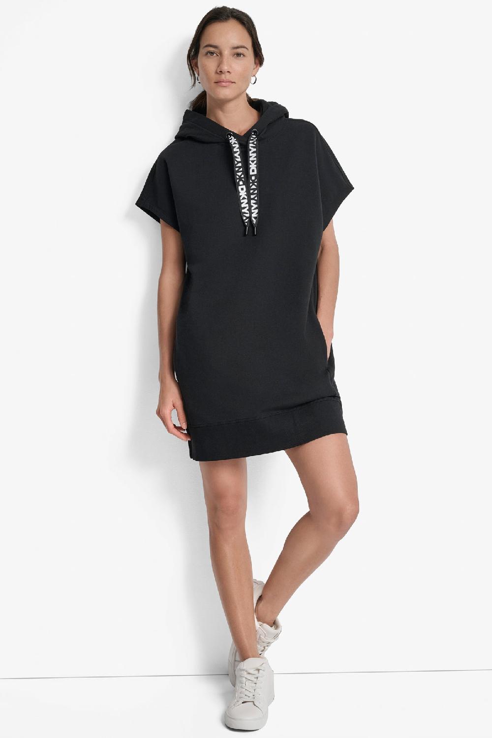 dkny LOGO DRAWSTRING MINI HOODIE DRESS Black