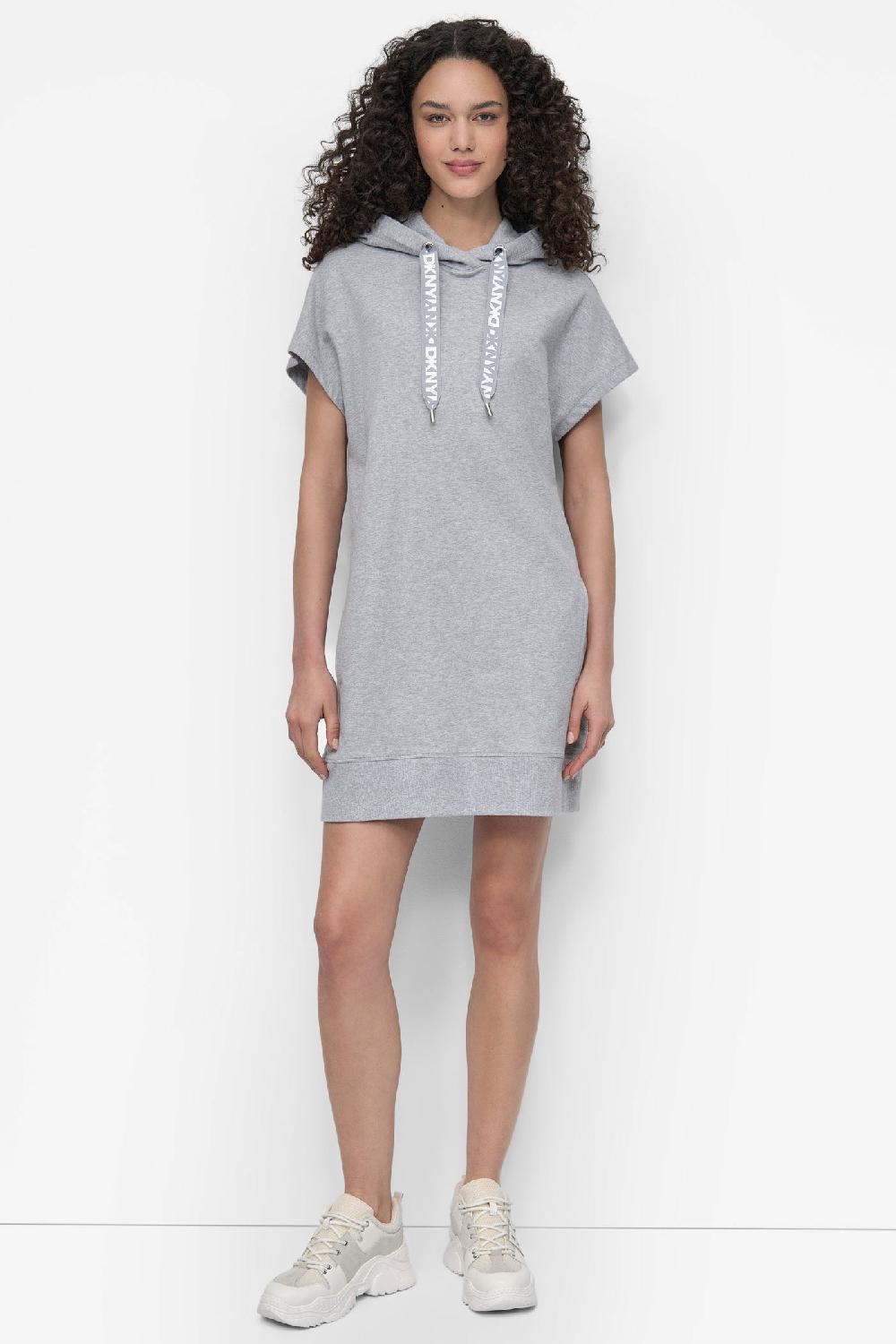 dkny LOGO DRAWSTRING MINI HOODIE DRESS Grey