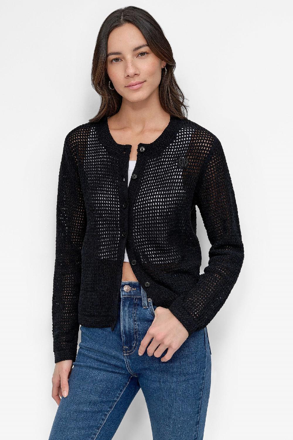 dkny LOGO-EMBELLISHED OPEN-KNIT CARDIGAN Black