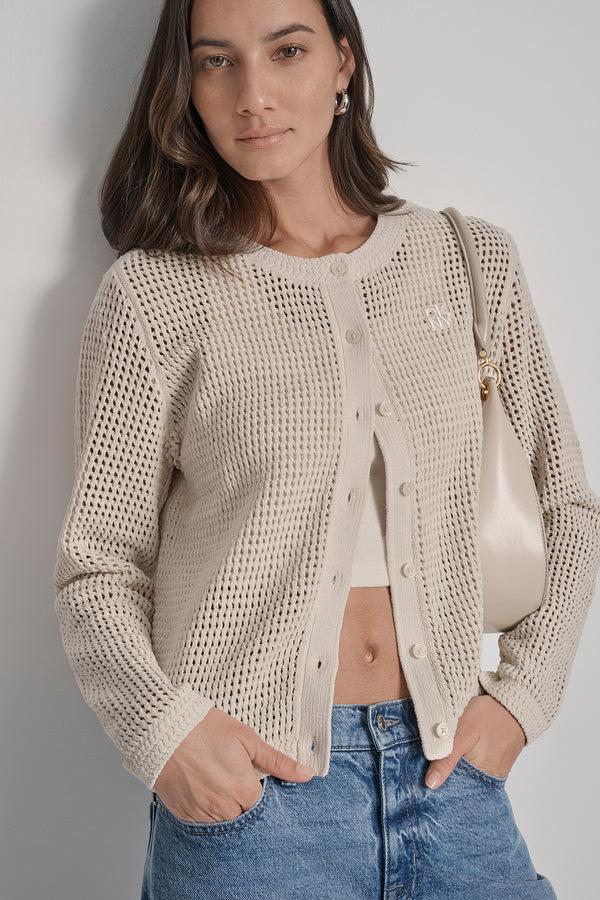 Dkny LOGO-EMBELLISHED OPEN-KNIT CARDIGAN BLONDE