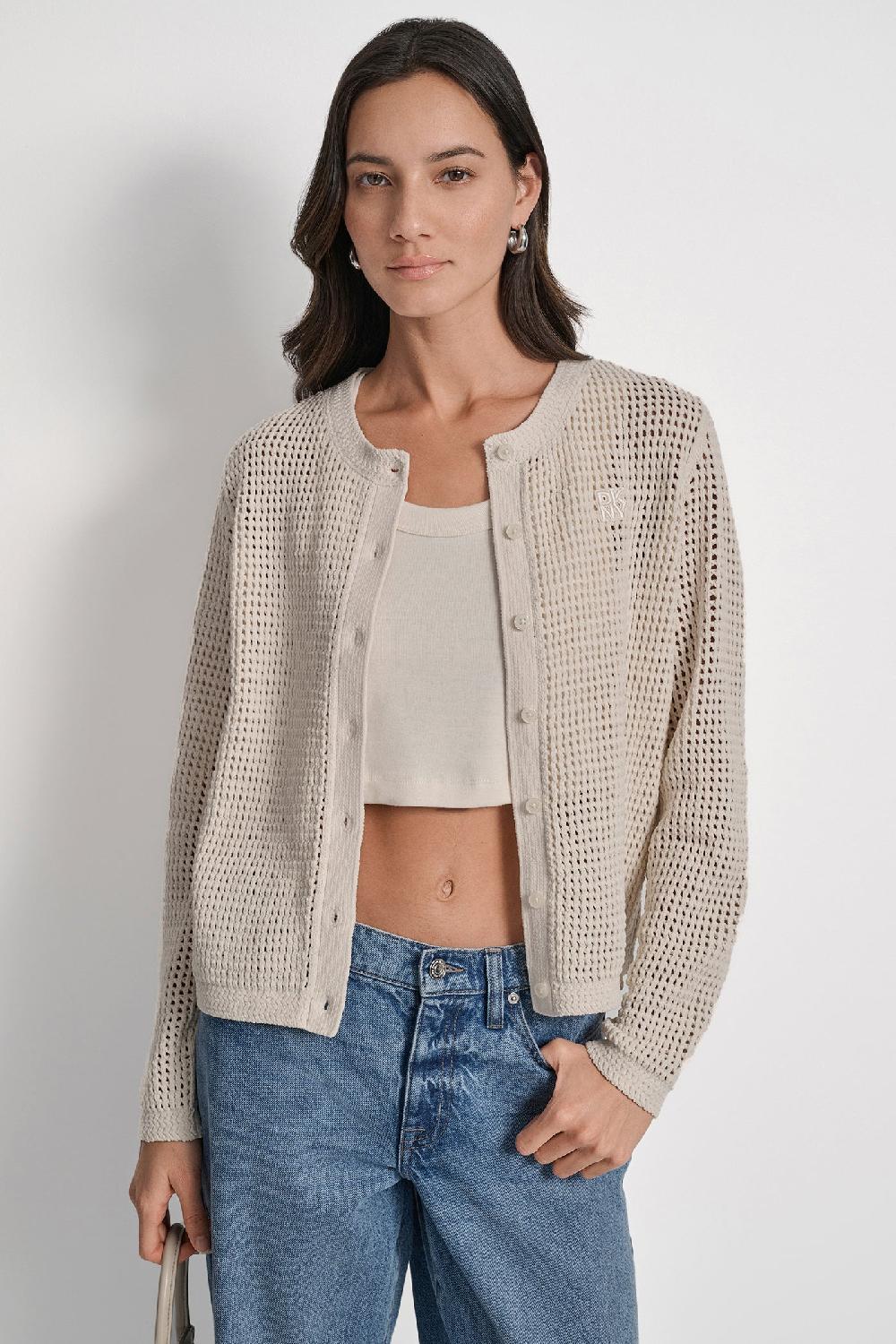 dkny LOGO-EMBELLISHED OPEN-KNIT CARDIGAN BLONDE