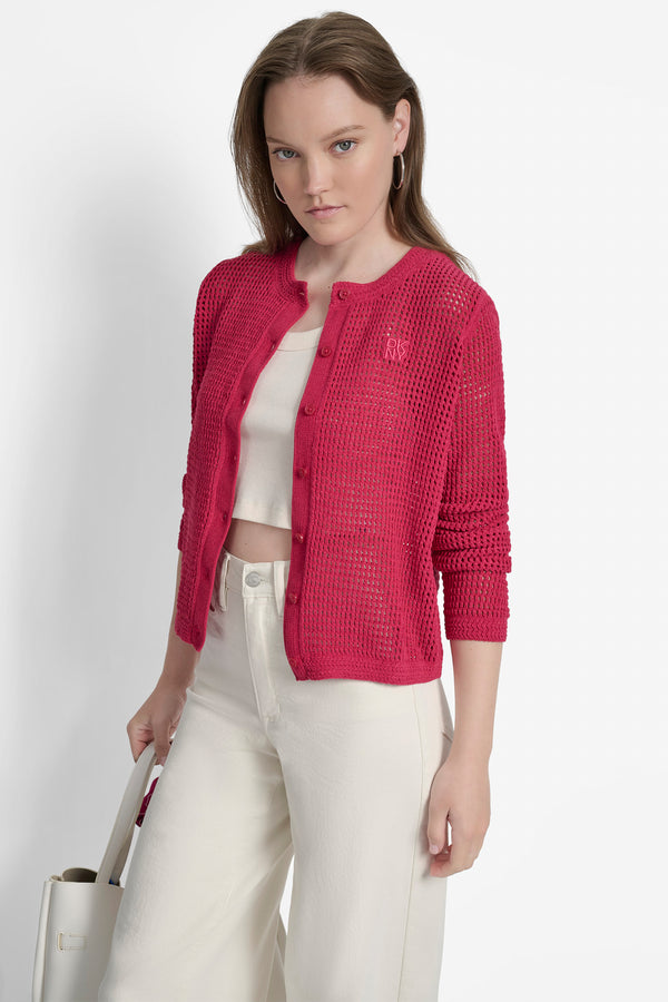 Dkny LOGO-EMBELLISHED OPEN-KNIT CARDIGAN Wildberry