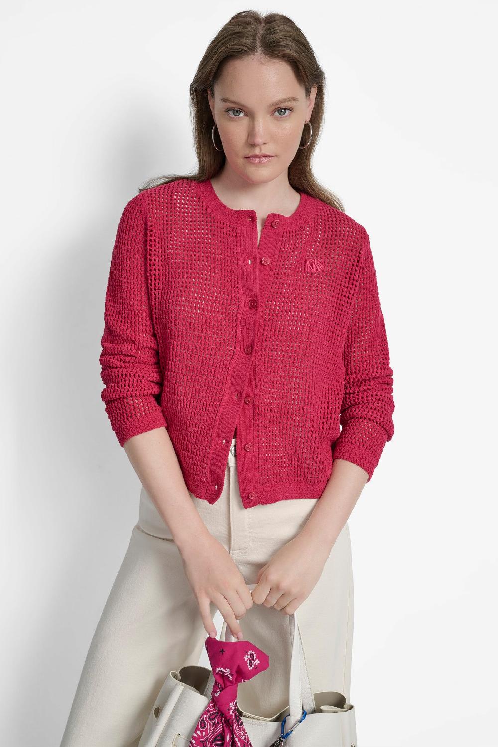 dkny LOGO-EMBELLISHED OPEN-KNIT CARDIGAN Wildberry