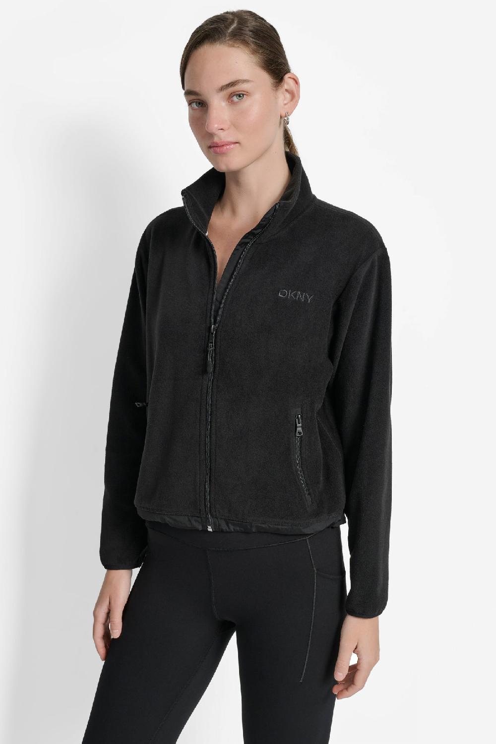dkny LOGO EMBROIDERED FLEECE JACKET Black