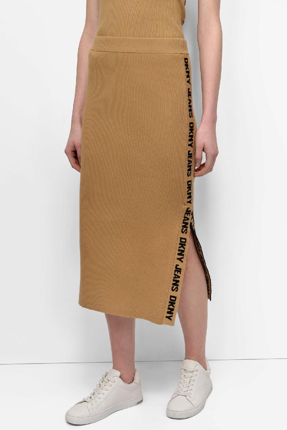 dkny LOGO RIB-KNIT MIDI SKIRT Whiskey/Black