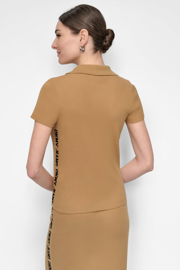 Dkny LOGO RIB-KNIT POLO Whiskey/Black