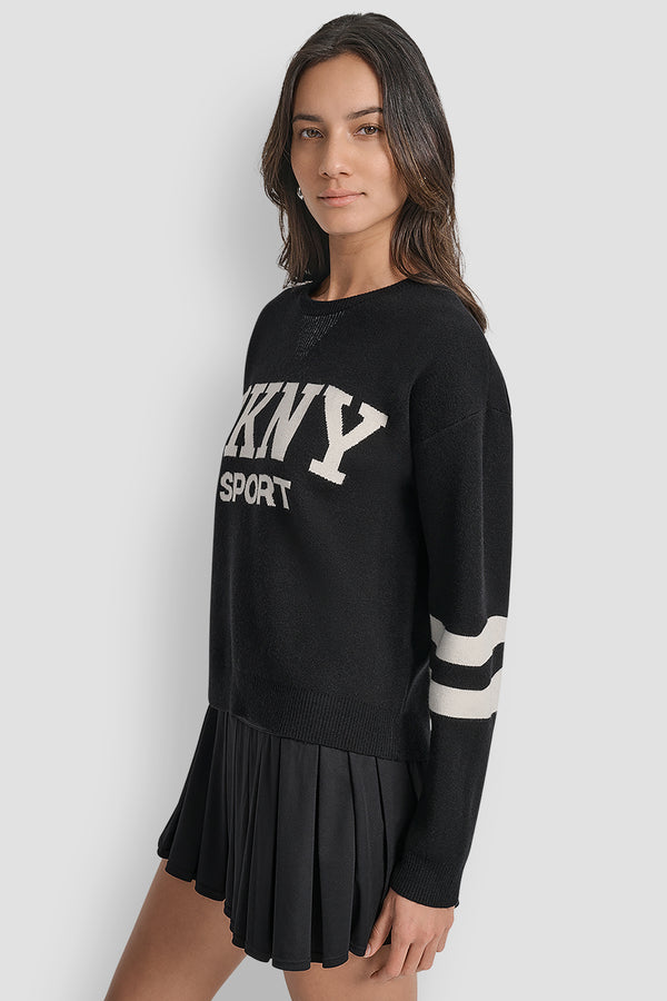 Dkny LOGO VARSITY JACQUARD SWEATER BLACK/ EGGNOG