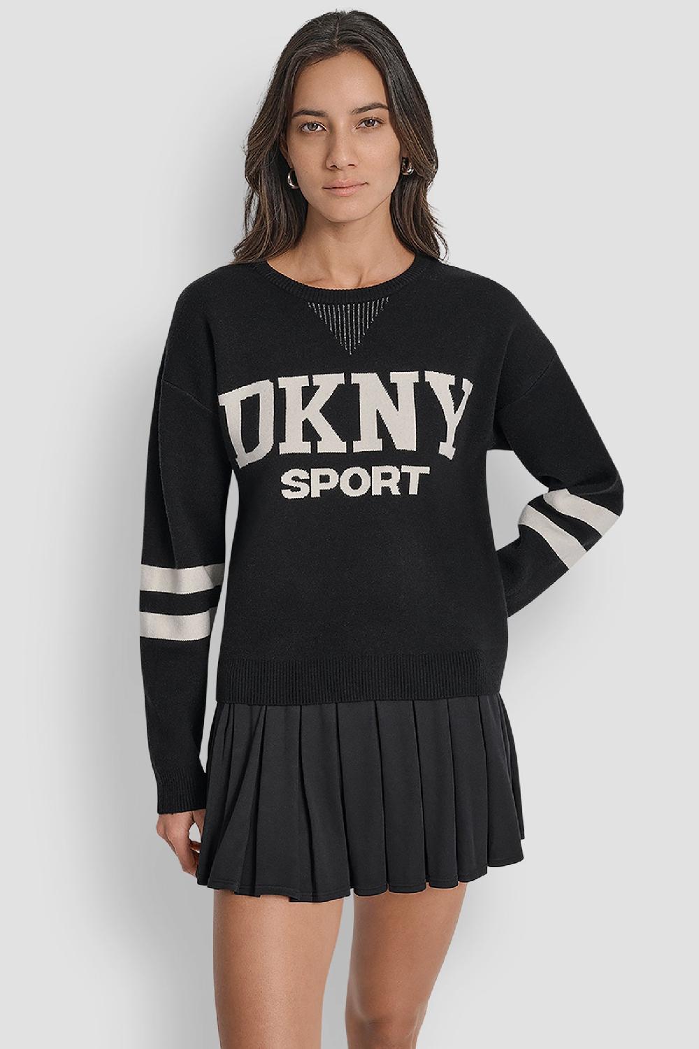 dkny LOGO VARSITY JACQUARD SWEATER BLACK/ EGGNOG