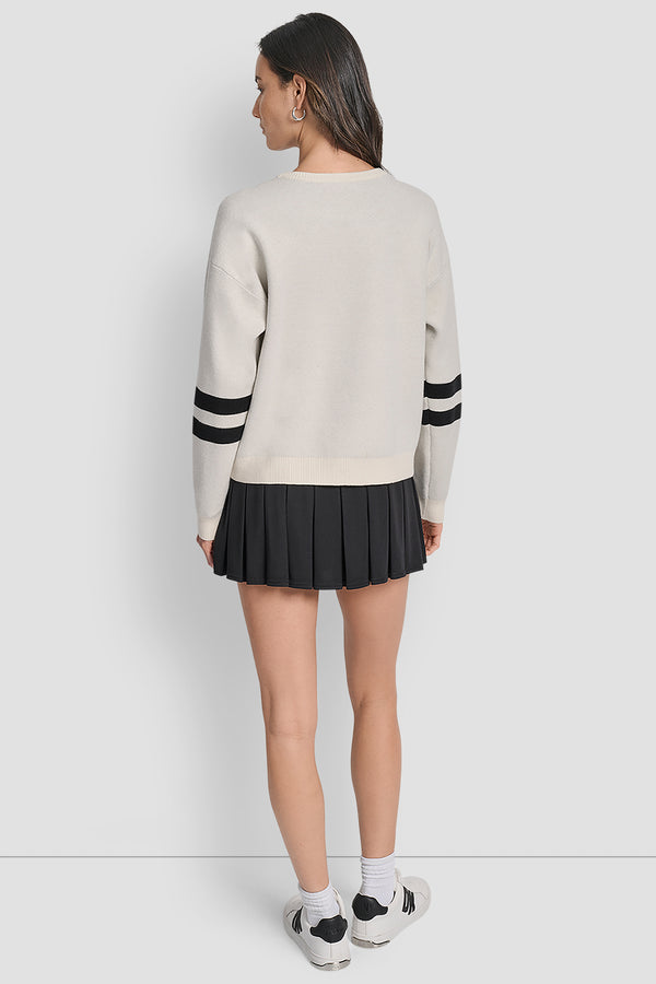 Dkny LOGO VARSITY JACQUARD SWEATER EGGNOG/ BLACK