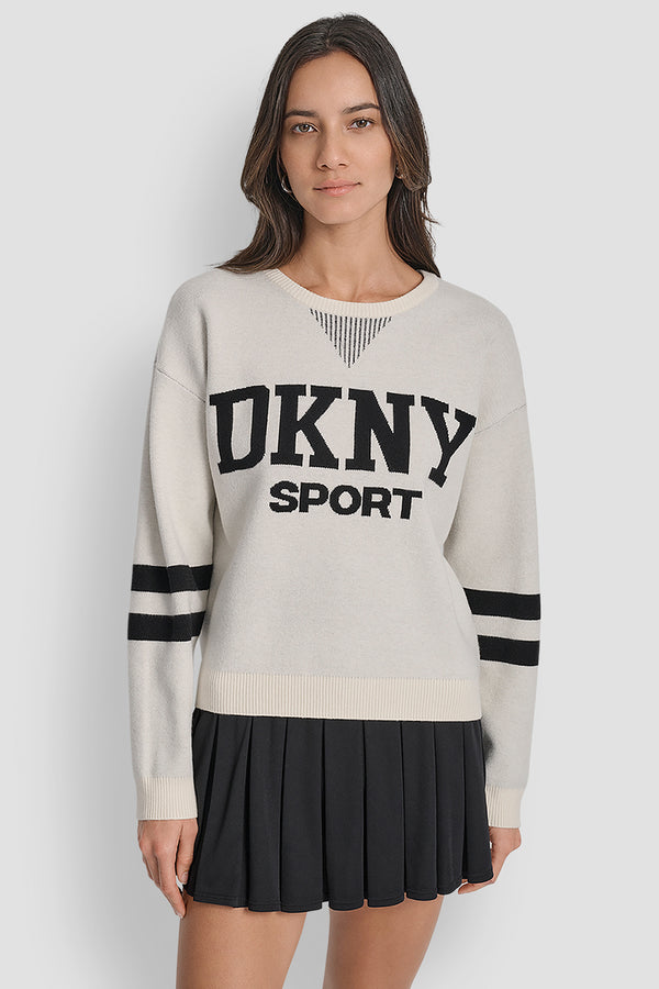 Dkny LOGO VARSITY JACQUARD SWEATER EGGNOG/ BLACK