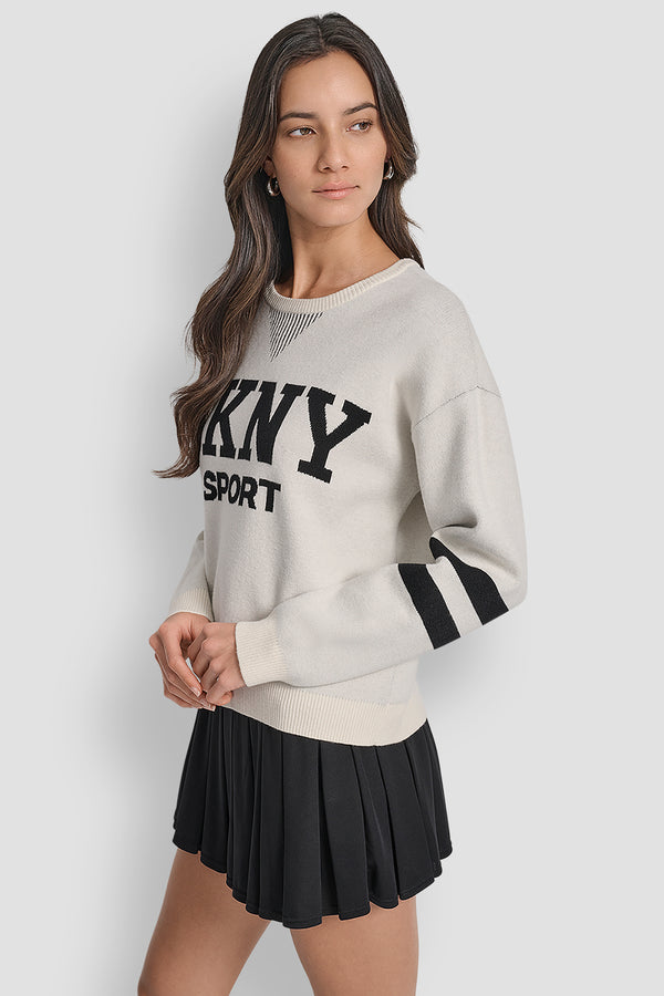 Dkny LOGO VARSITY JACQUARD SWEATER EGGNOG/ BLACK