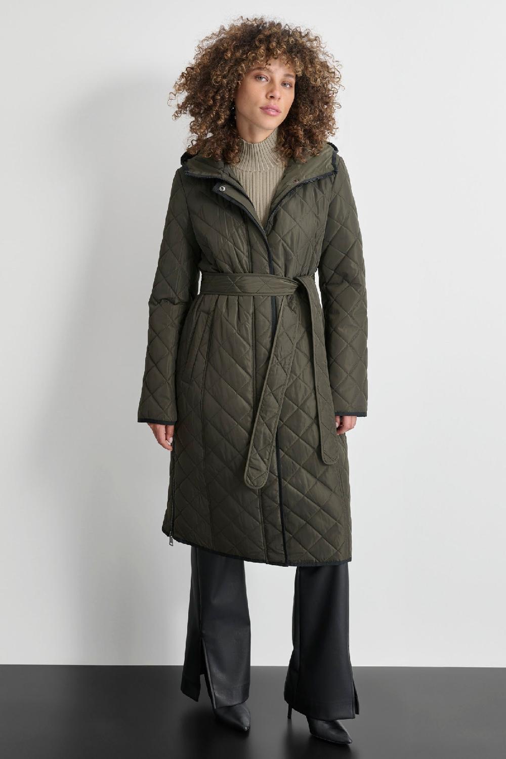 dkny Long Quilted Trench Green