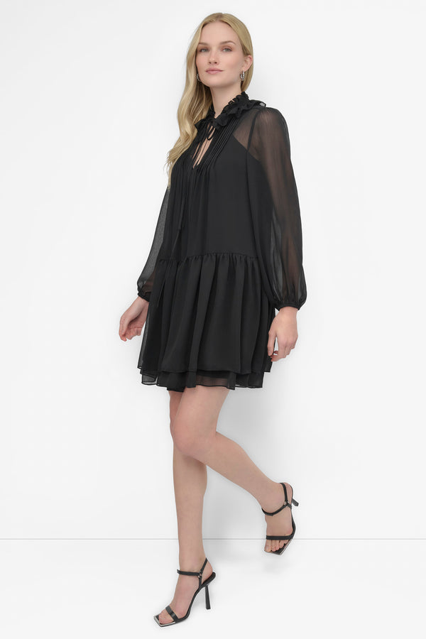 Dkny LONG SLEEVE CHIFFON MINI DRESS Black
