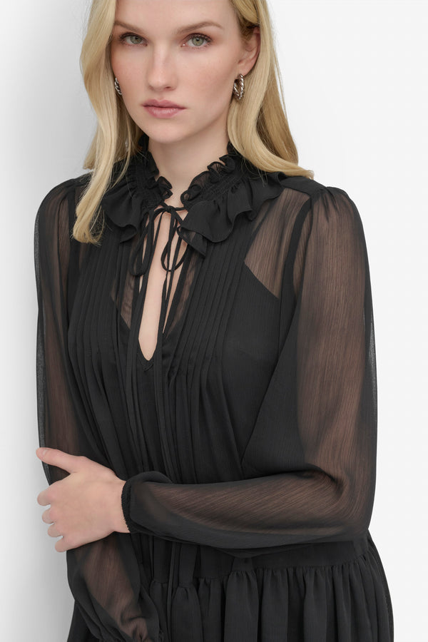 Dkny LONG SLEEVE CHIFFON MINI DRESS Black