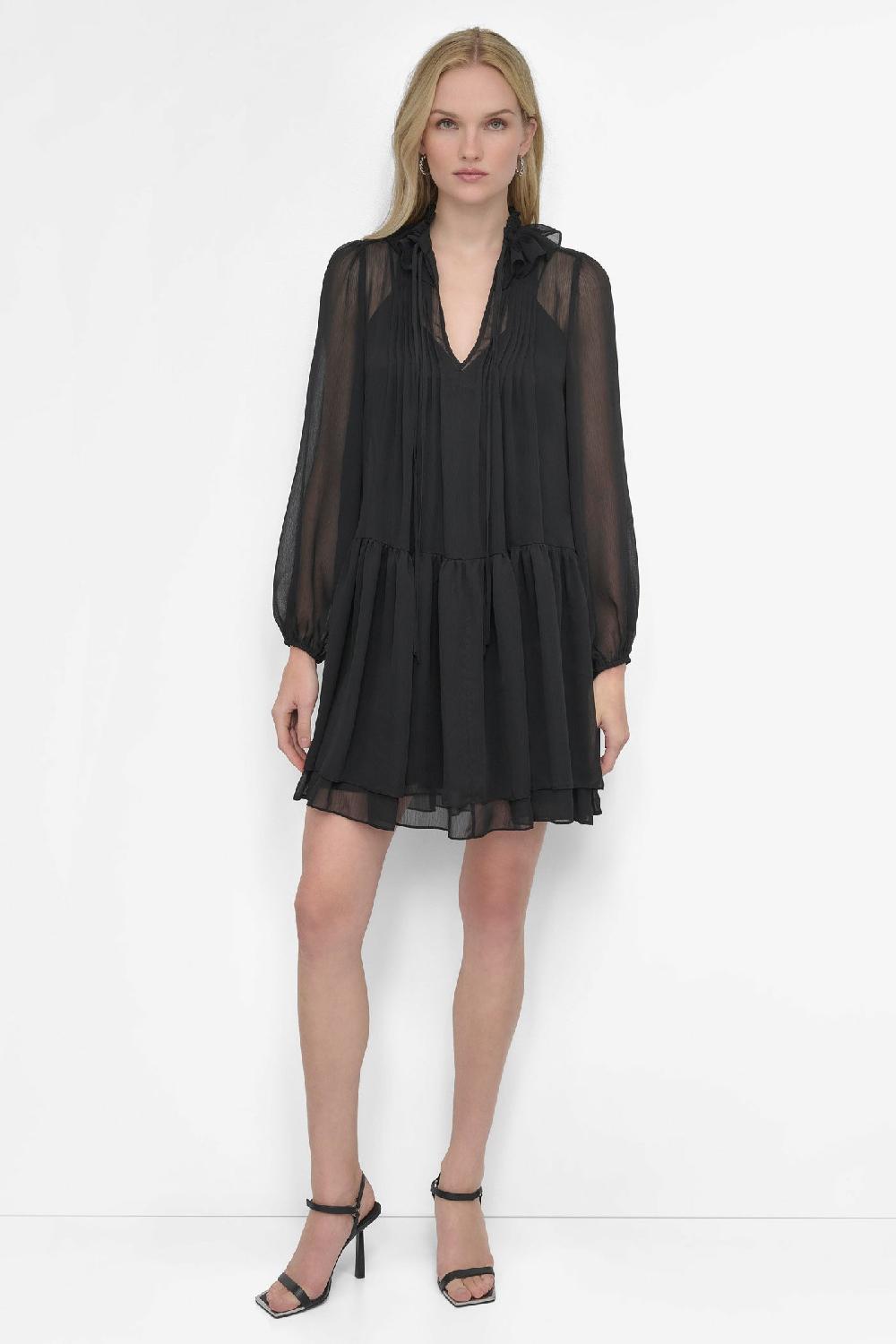 dkny LONG SLEEVE CHIFFON MINI DRESS Black