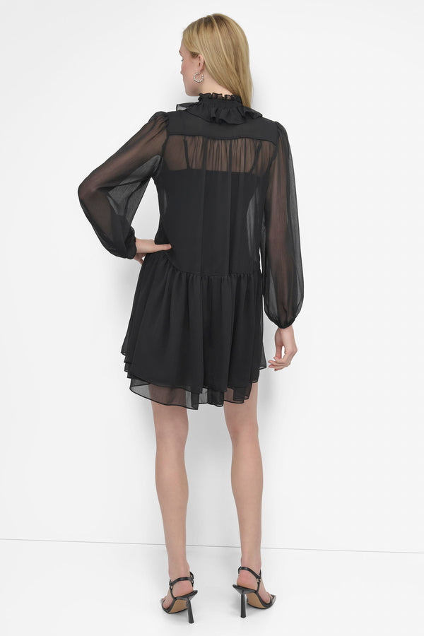 Dkny LONG SLEEVE CHIFFON MINI DRESS Black