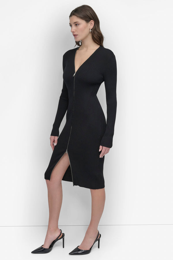 Dkny LONG SLEEVE ZIP FRONT SWEATER DRESS Black