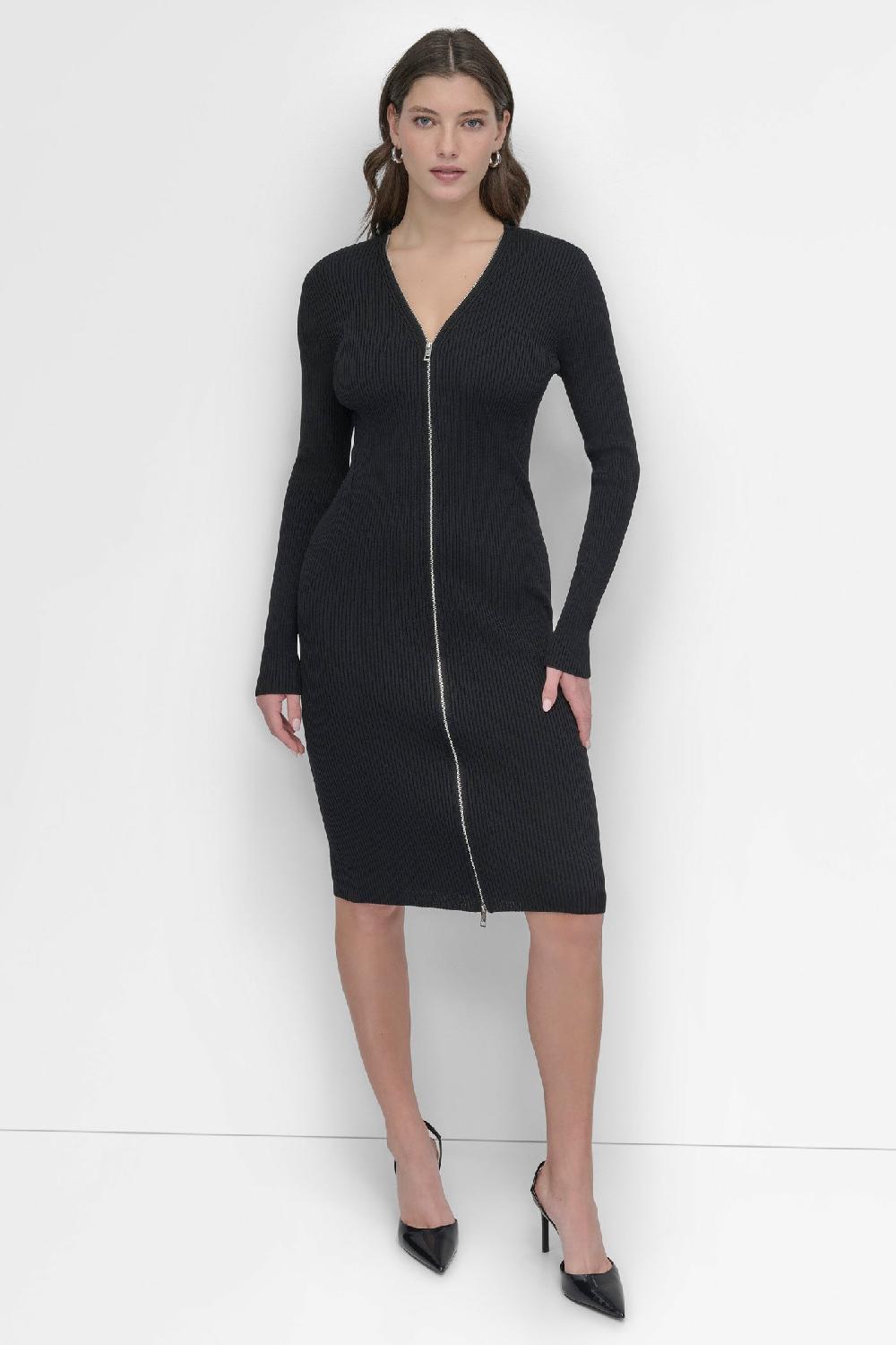 dkny LONG SLEEVE ZIP FRONT SWEATER DRESS Black