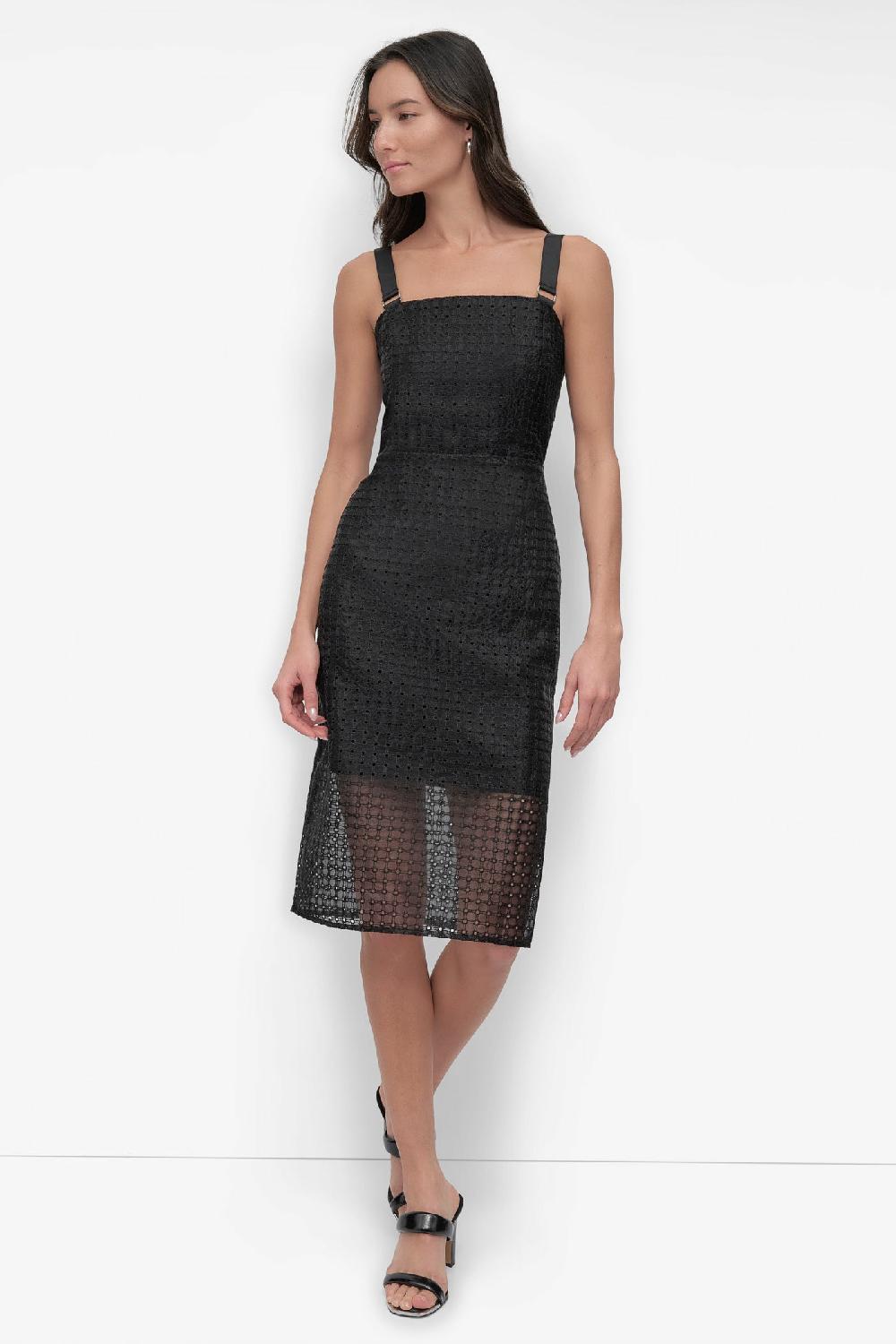 dkny MIXED MEDIA ORGANZA EYELET DRESS Black