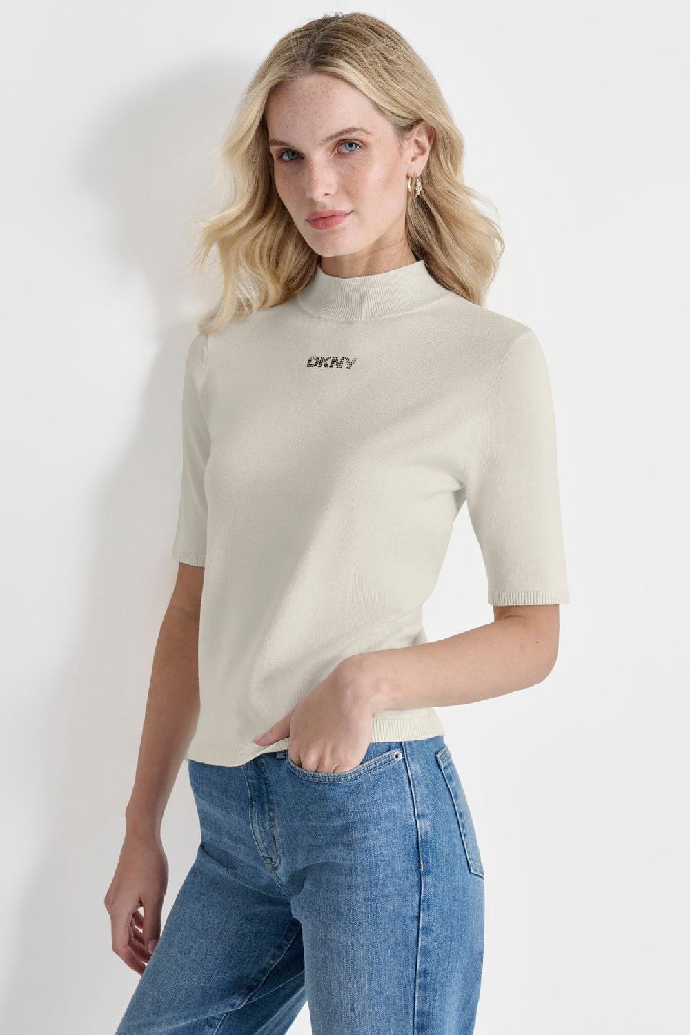 dkny MOCK NECK LOGO SWEATER EGGNOG