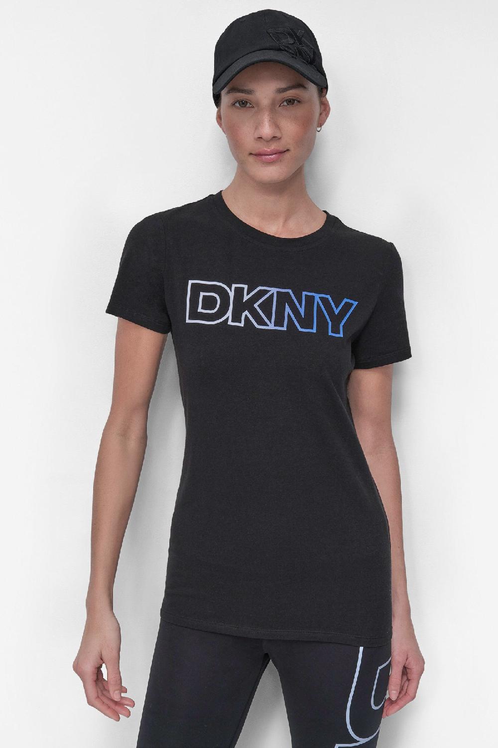 dkny OMBRÉ LOGO PERFORMANCE TEE BLACK/ SKYWAY BLUE
