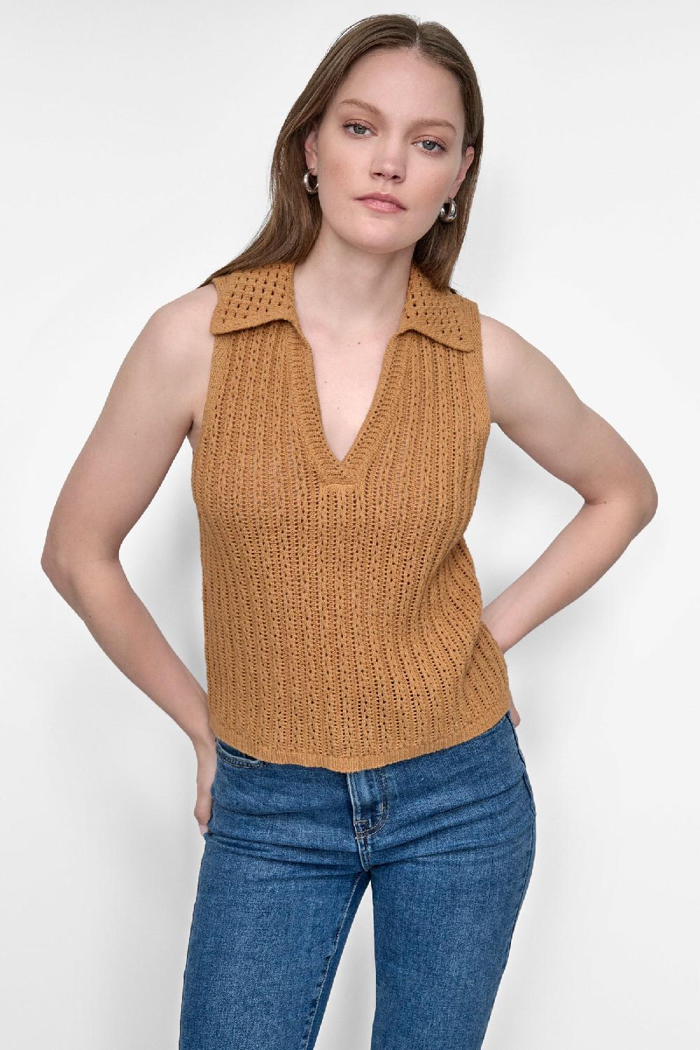 dkny OPEN-KNIT POLO Whiskey