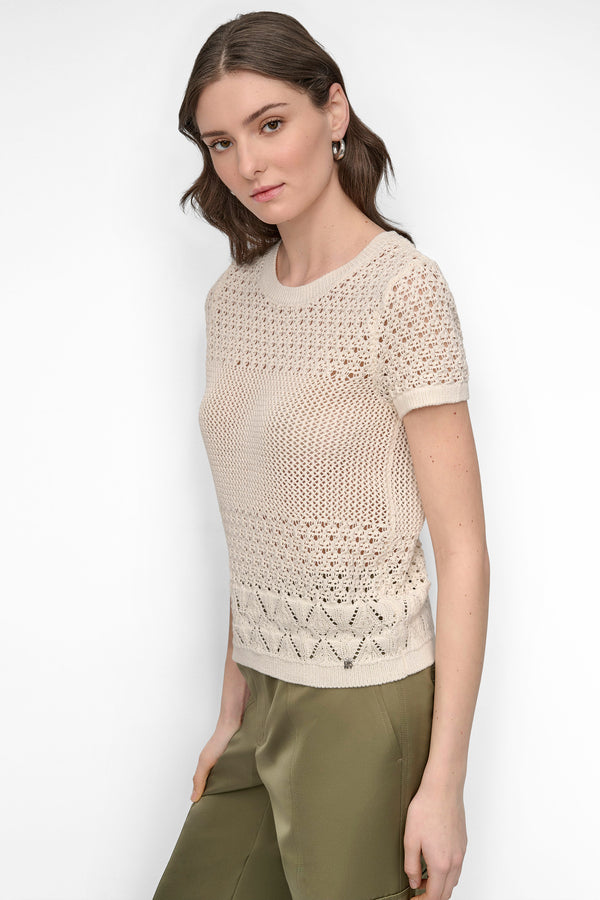 Dkny OPEN POINTELLE KNIT SWEATER TEE Eggnog