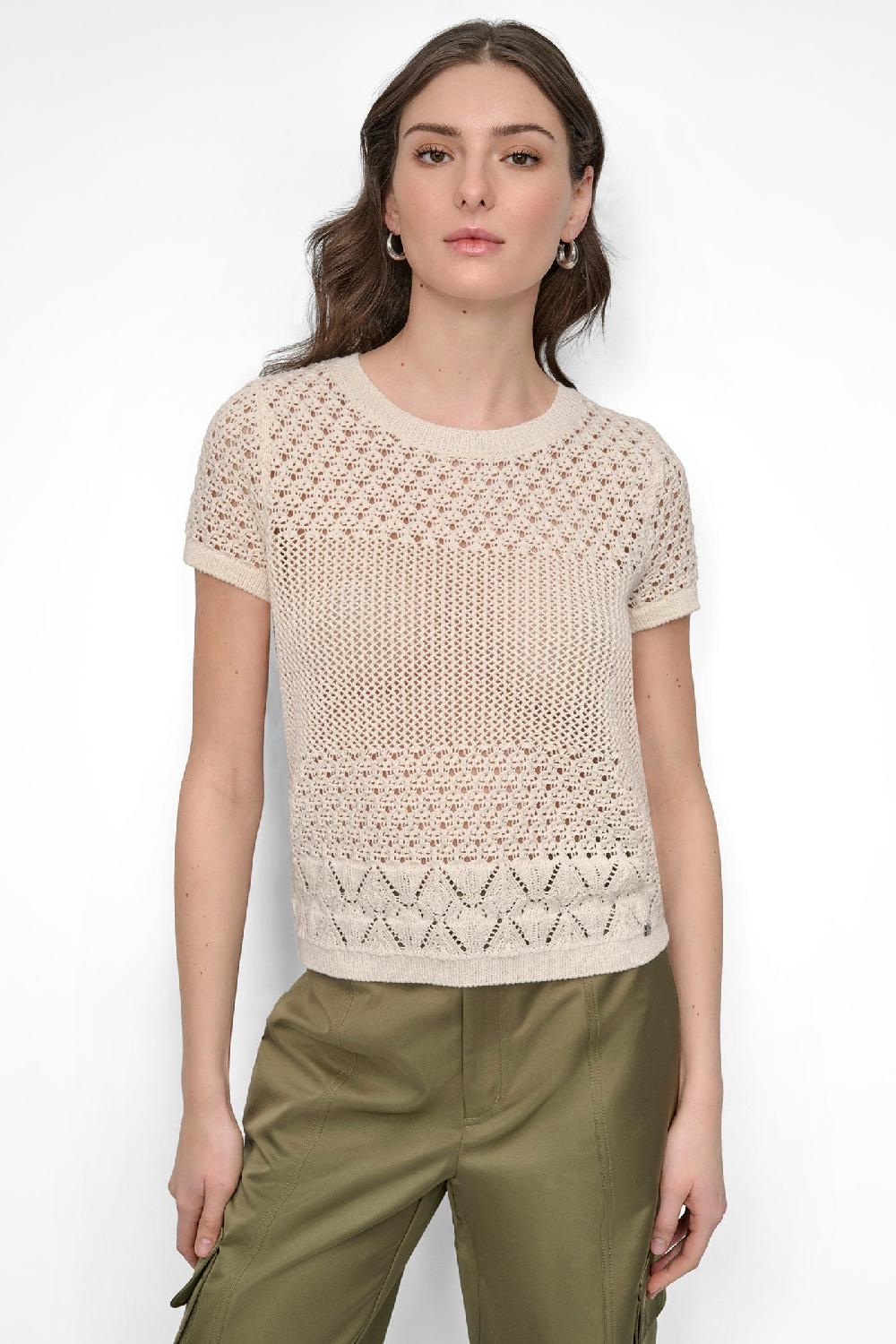 dkny OPEN POINTELLE KNIT SWEATER TEE Eggnog