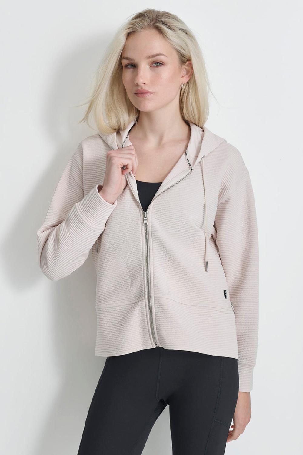 dkny OTTOMAN RIB ZIP DETAILED HOODIE SAND