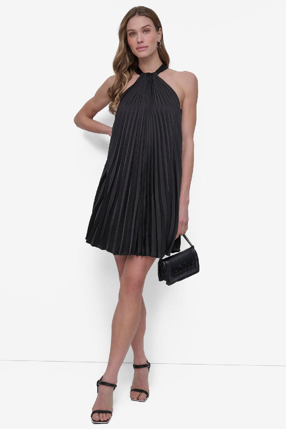 dkny PLEATED HALTER SWING DRESS Black