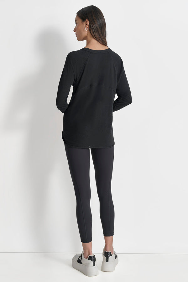 Dkny RUCHED 3/4-SLEEVE SLUB WAFFLE-KNIT TEE Black
