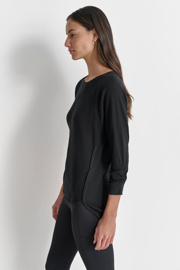 Dkny RUCHED 3/4-SLEEVE SLUB WAFFLE-KNIT TEE Black