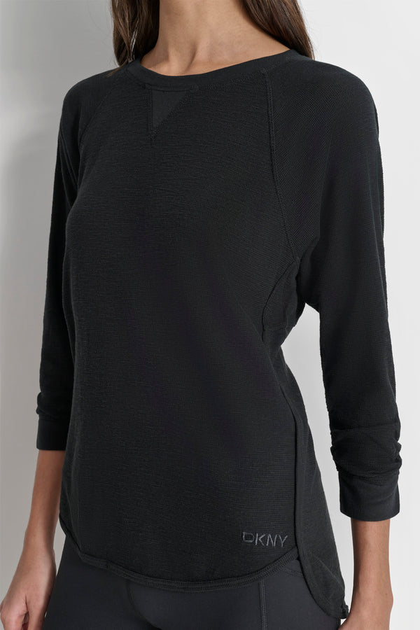 Dkny RUCHED 3/4-SLEEVE SLUB WAFFLE-KNIT TEE Black