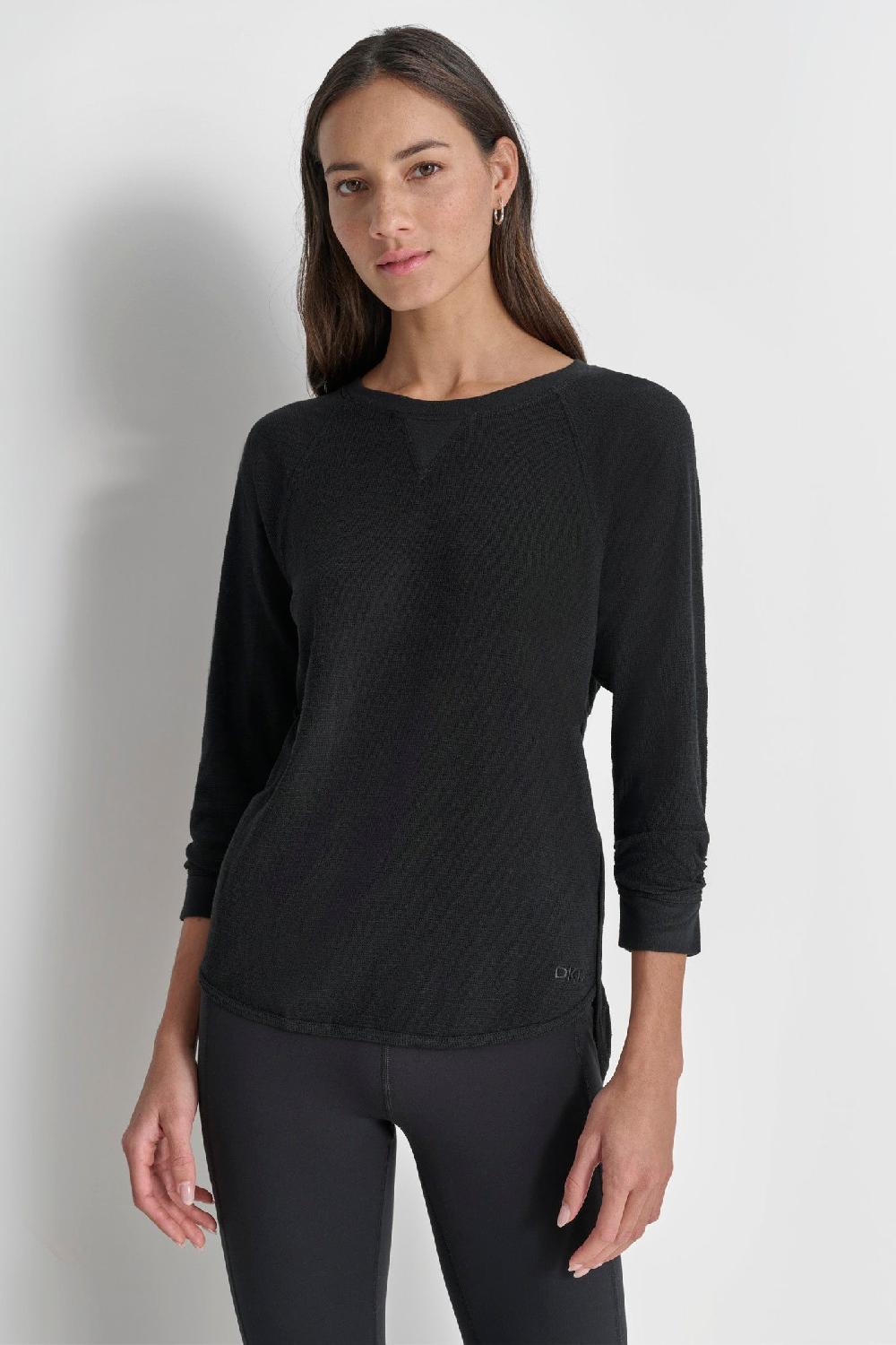 dkny RUCHED 3/4-SLEEVE SLUB WAFFLE-KNIT TEE Black