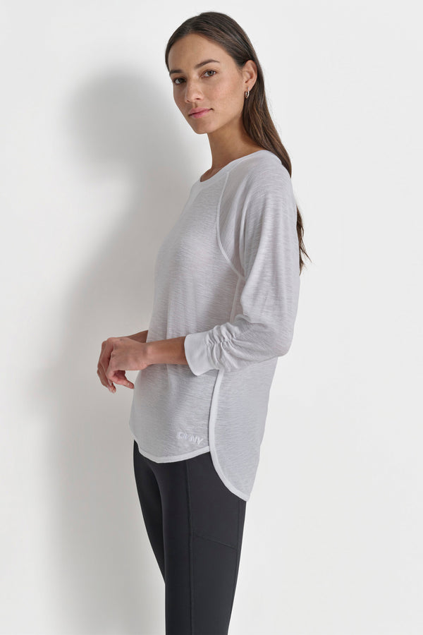 Dkny RUCHED 3/4-SLEEVE SLUB WAFFLE-KNIT TEE WHITE