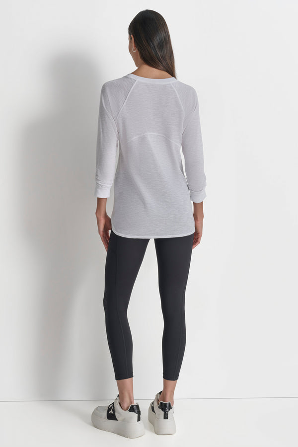 Dkny RUCHED 3/4-SLEEVE SLUB WAFFLE-KNIT TEE WHITE