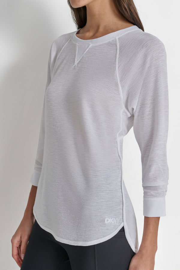 Dkny RUCHED 3/4-SLEEVE SLUB WAFFLE-KNIT TEE WHITE