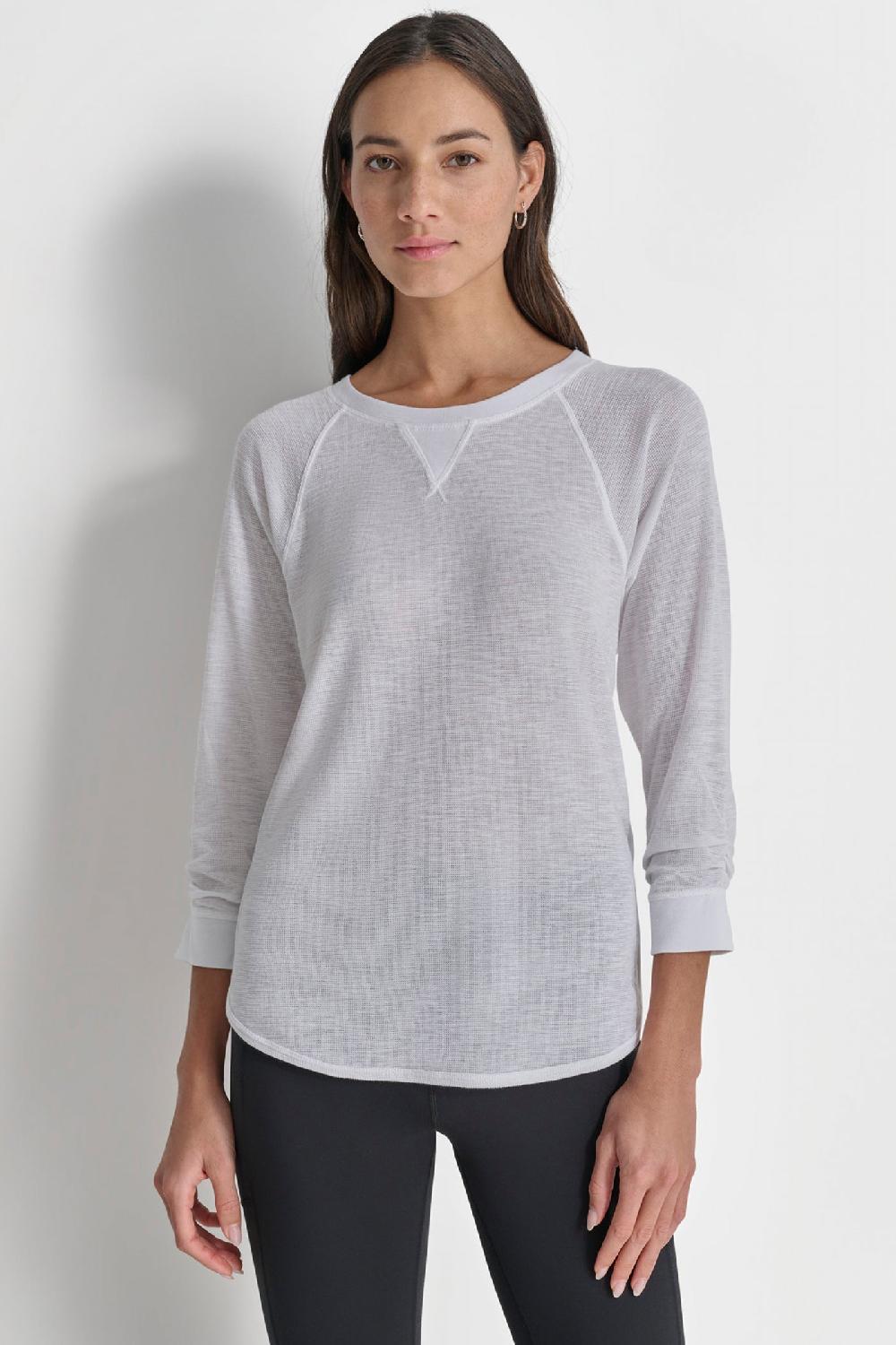 dkny RUCHED 3/4-SLEEVE SLUB WAFFLE-KNIT TEE WHITE