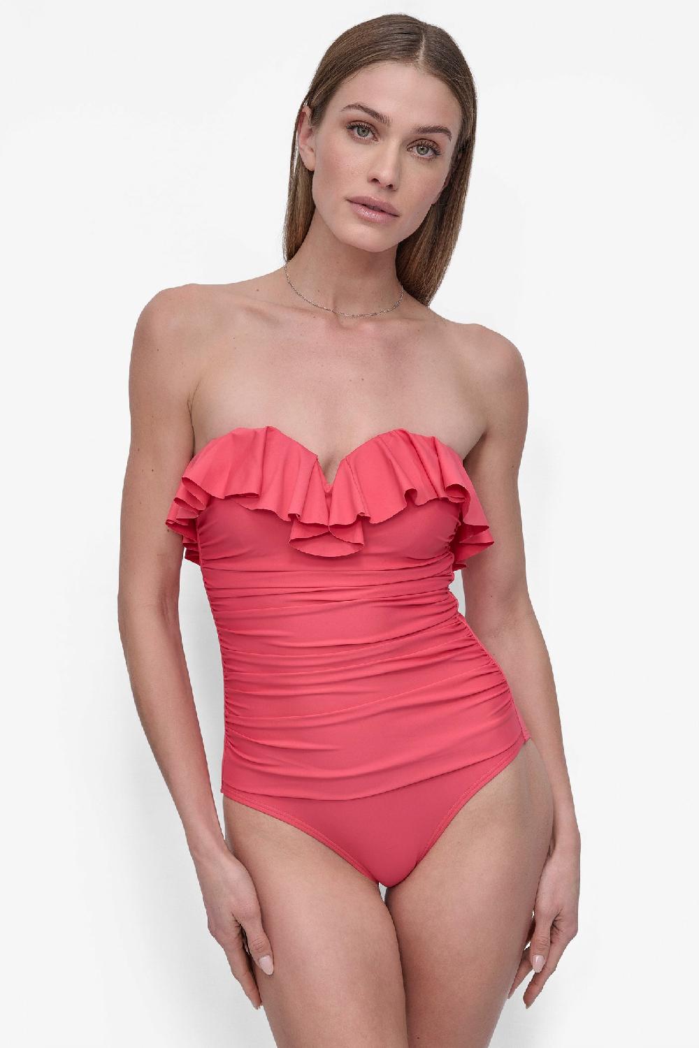 dkny RUFFLED PINUP BANDEAU ONE PIECE PUNCH PINK
