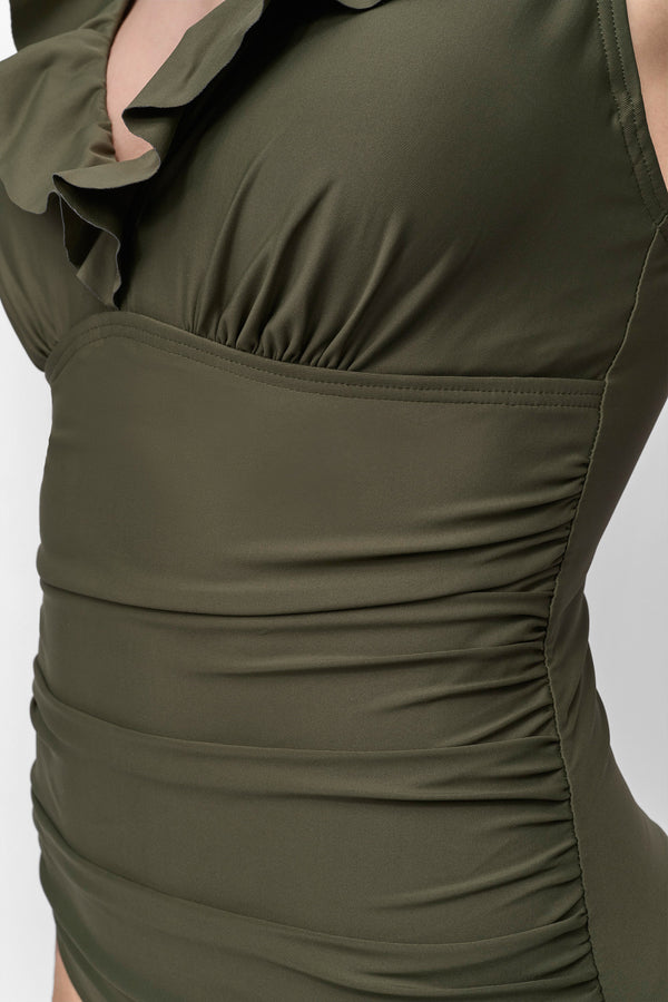 Dkny RUFFLED PLUNGE V-NECK ONE PIECE Moss