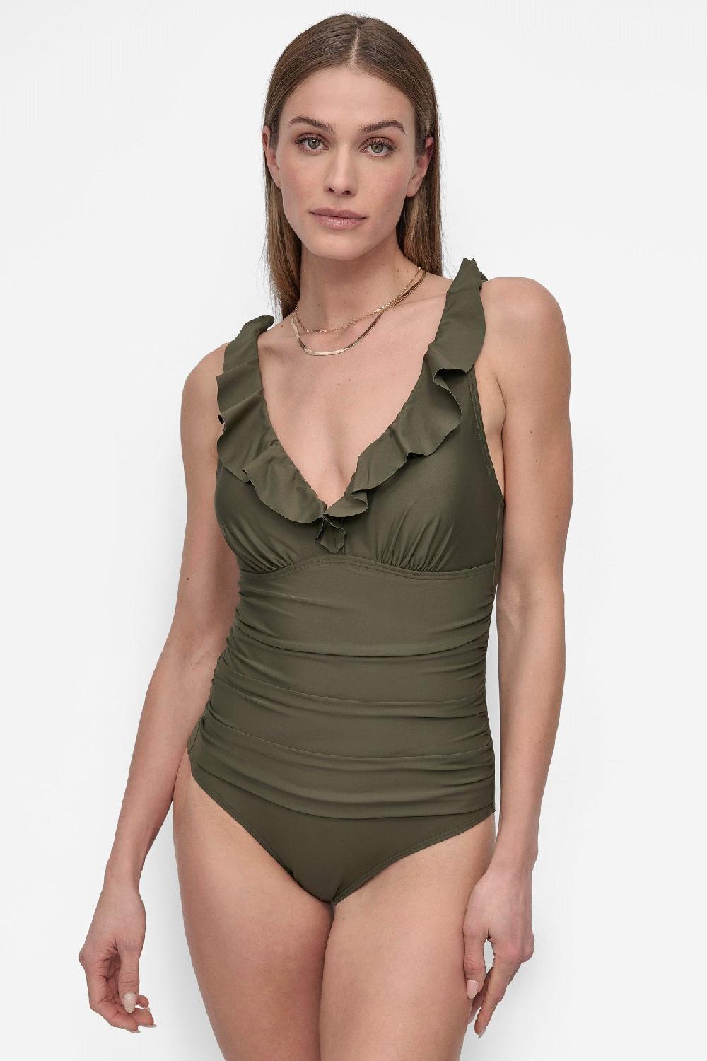 dkny RUFFLED PLUNGE V-NECK ONE PIECE Moss