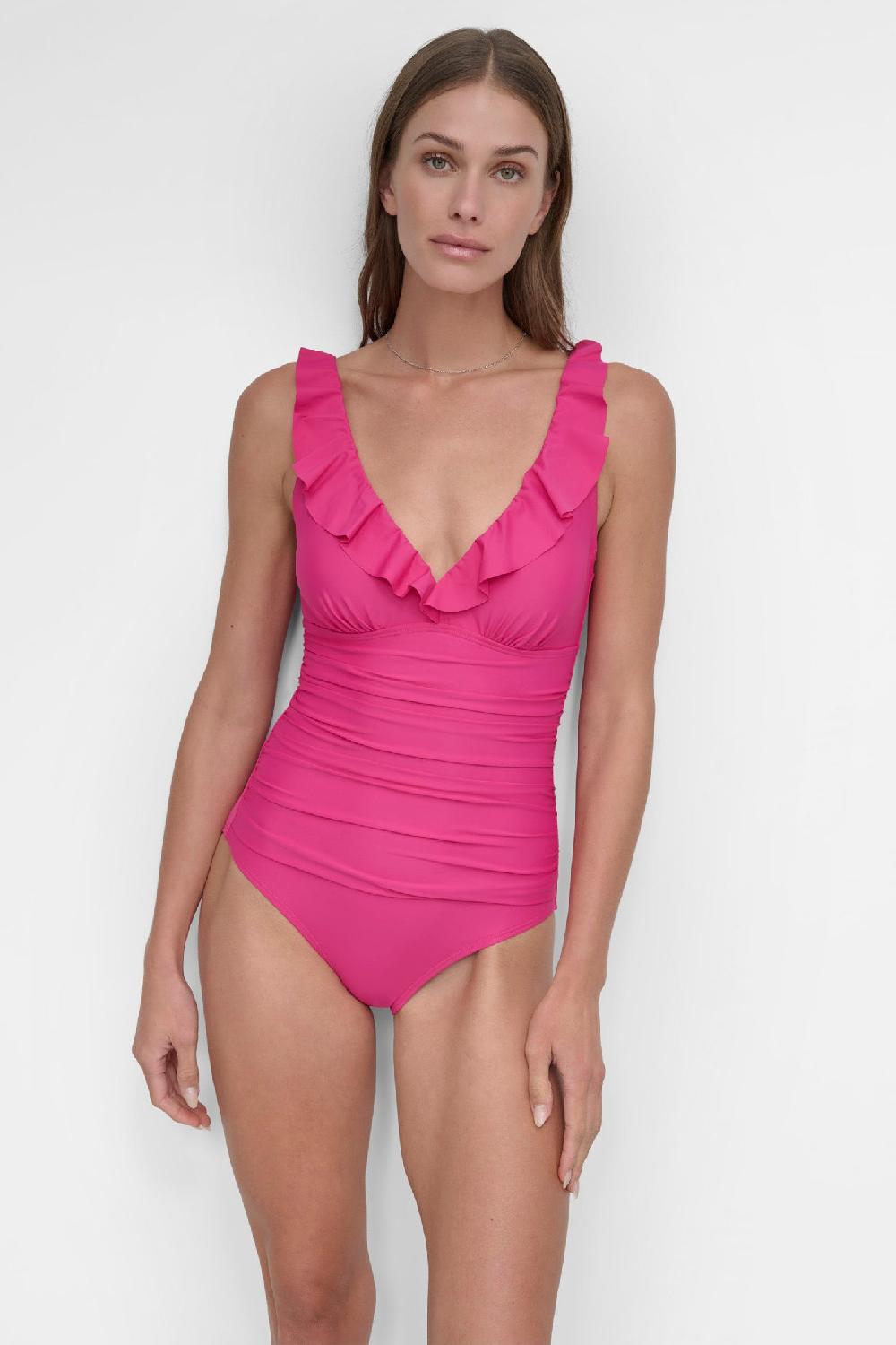 dkny RUFFLED PLUNGE V-NECK ONE PIECE Wildberry