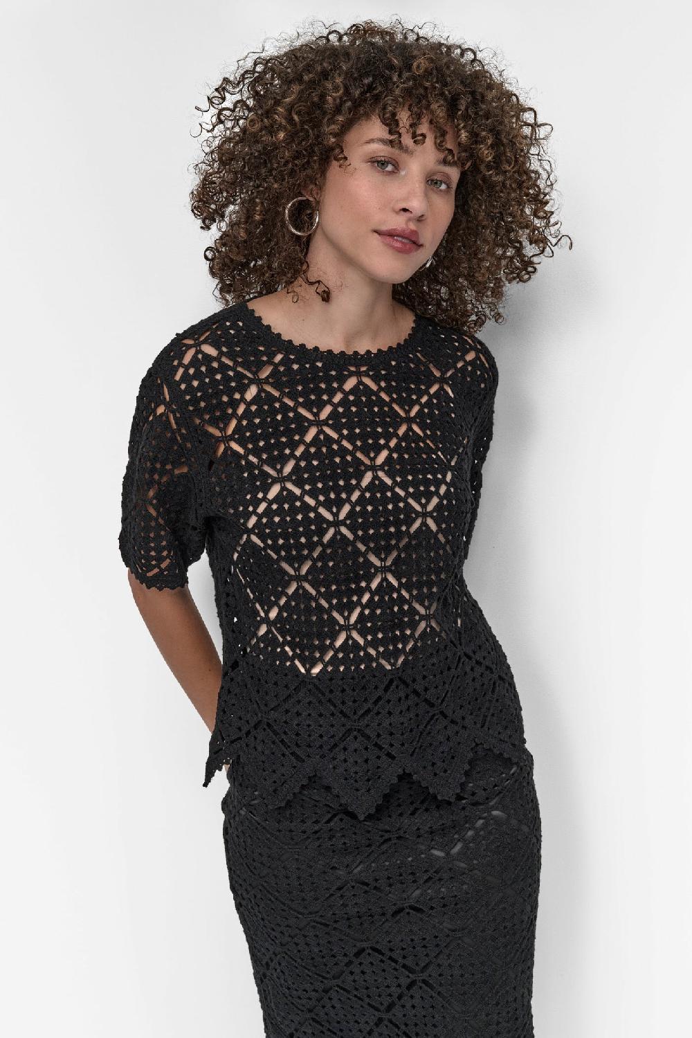 dkny SCALLOPED CROCHET SWEATER Black
