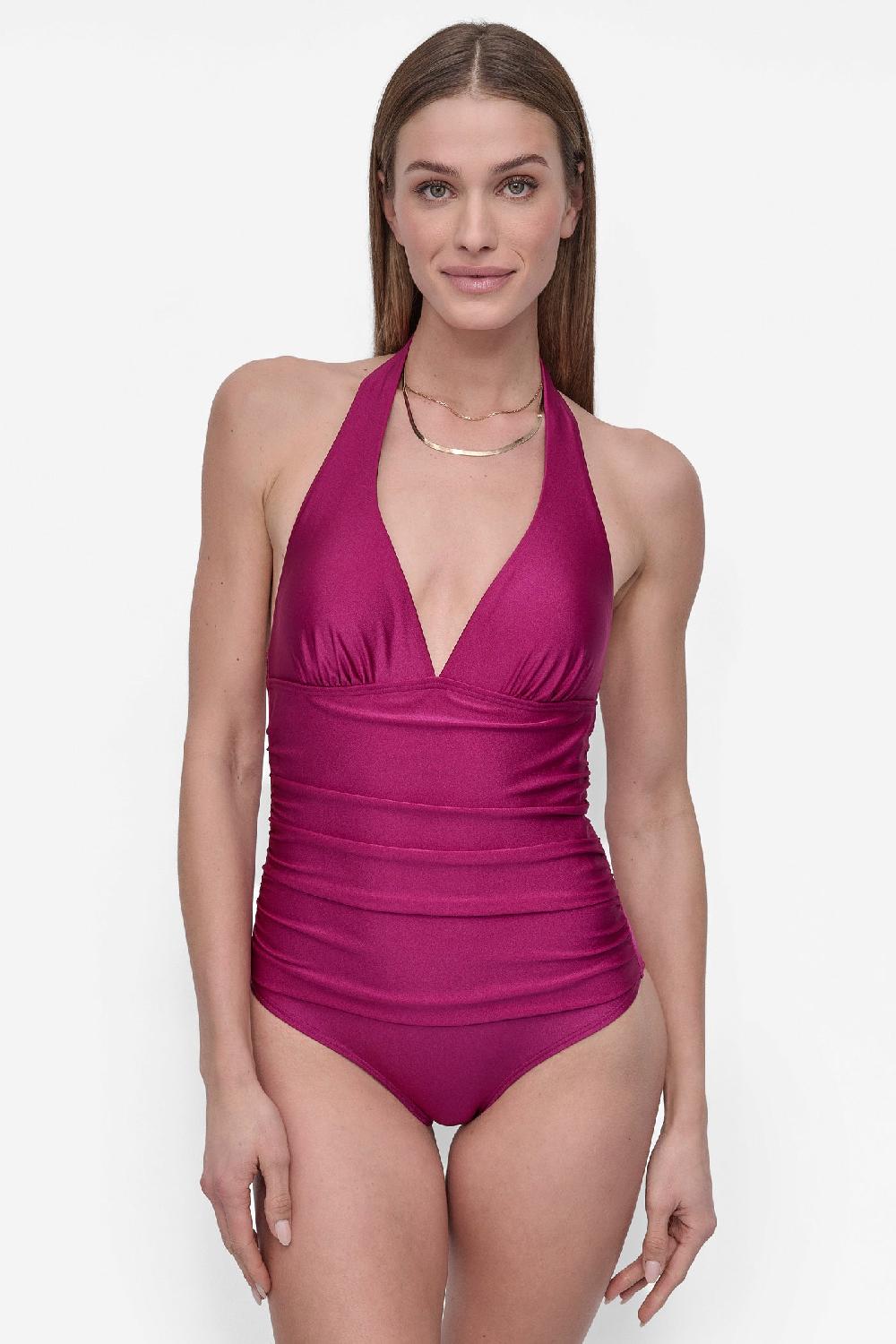 dkny SHIRRED HALTER ONE PIECE Boysenberry Shimmer
