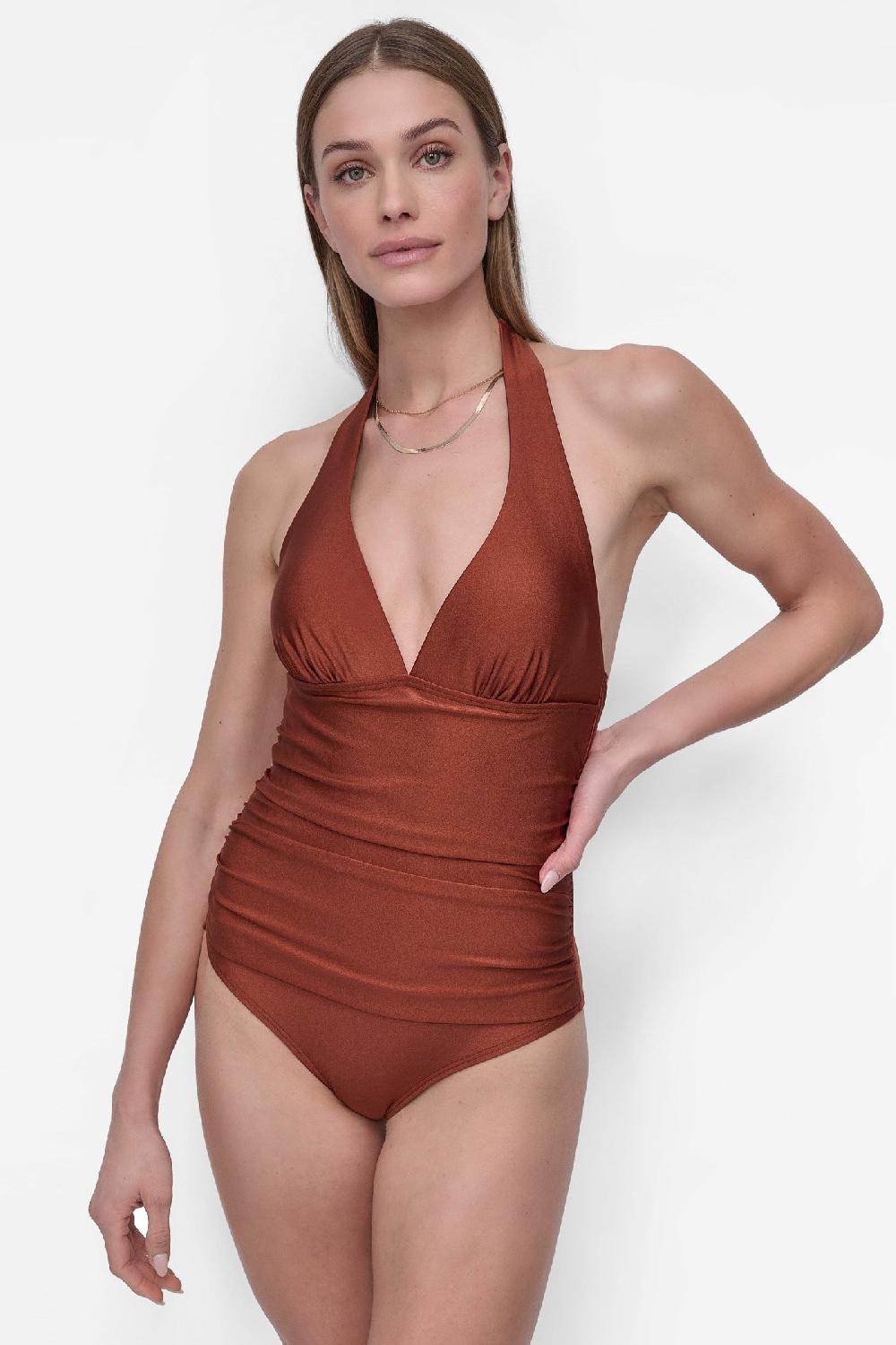 dkny SHIRRED HALTER ONE PIECE Copper Shimmer