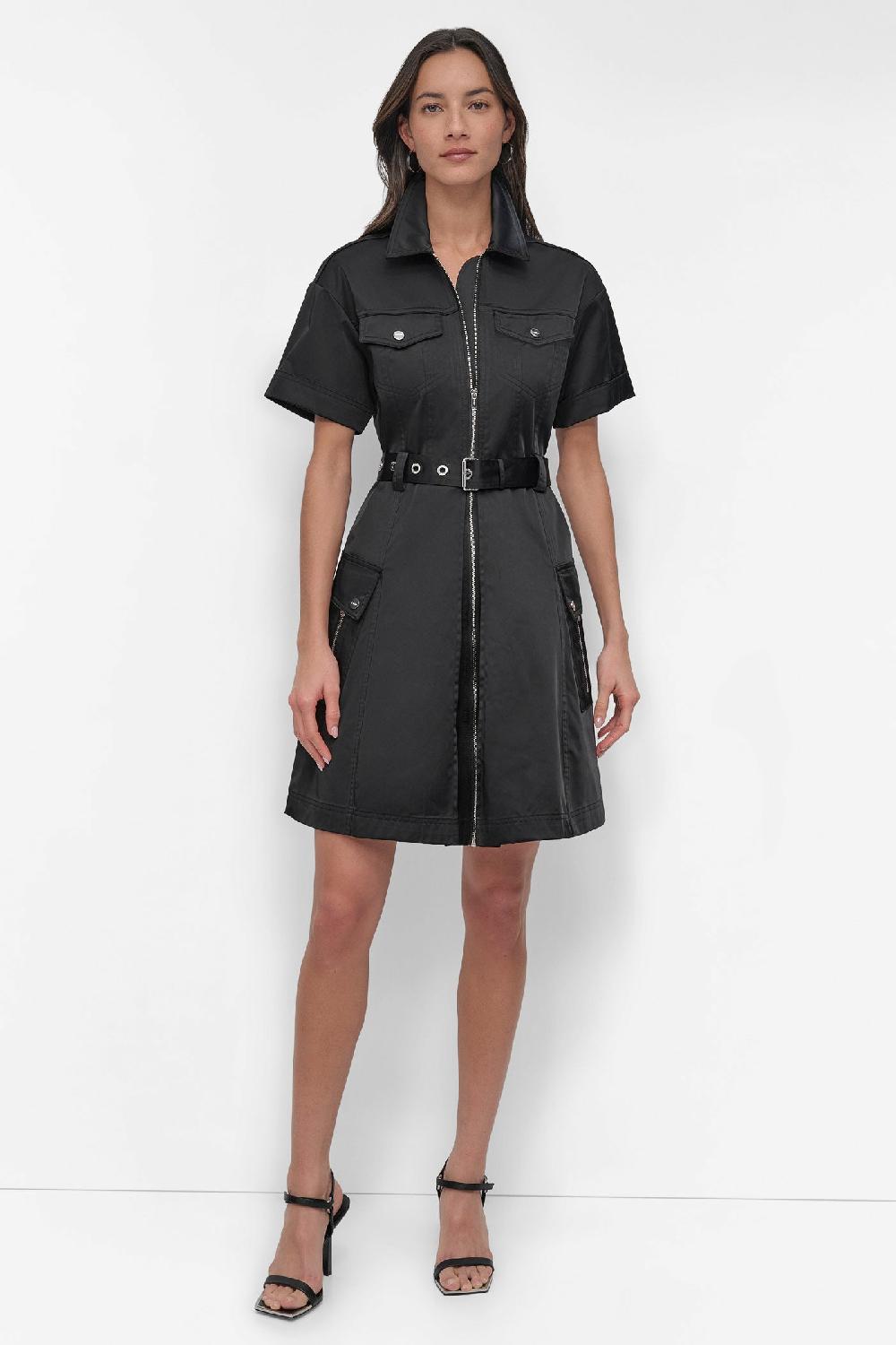 dkny SHIRT DRESS WITH FRONT ZIPPER Black